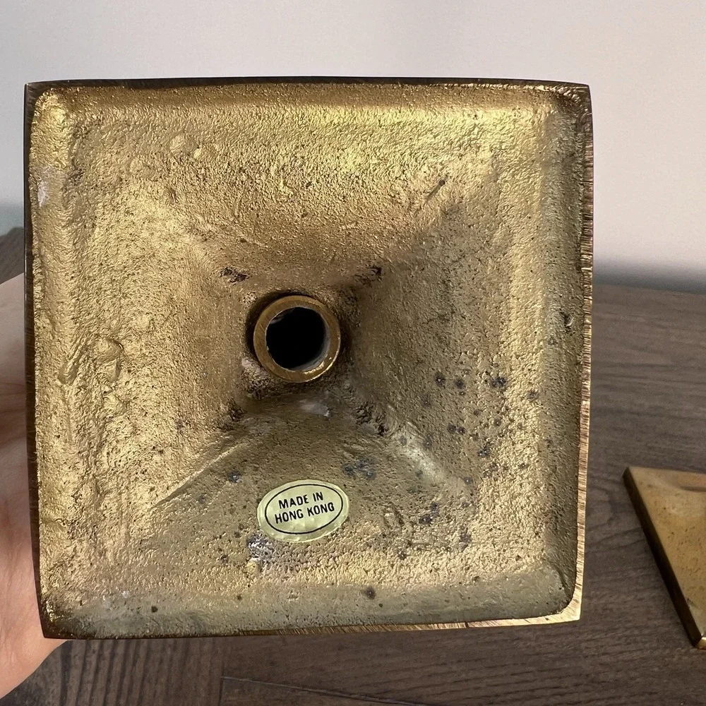 Solid Brass Candlestick Holders Pair Square Base 8.5 In